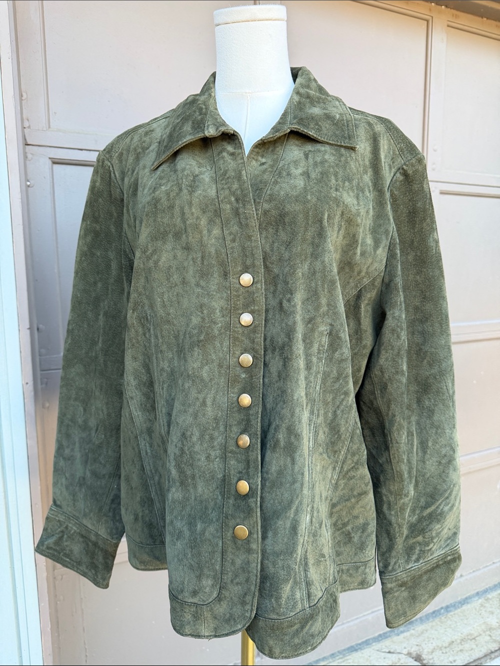 CJ Banks Olive Green Suede Snap-Front Jacket